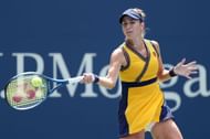 Belinda Bencic strikes a forehand during the 2021 US Open